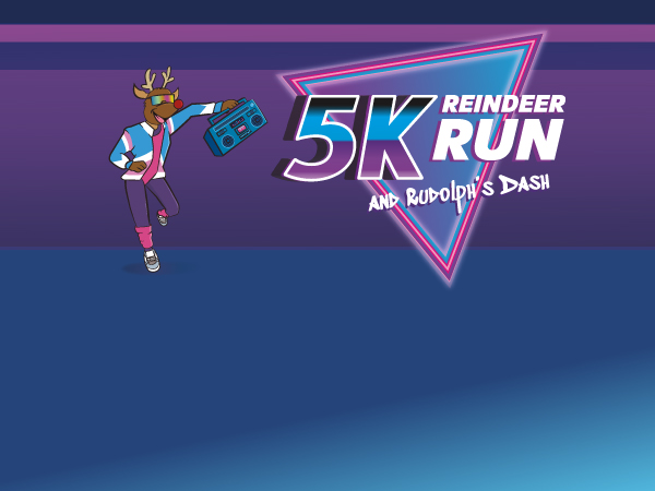 gradient blue and purple banner with an animated reindeer on the left side wearing 80s gear and the 5K Logo on the right