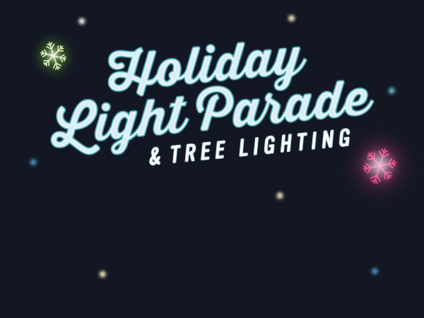 dark navy banner with faint white lights. Test in white and light blue: "Holiday Light parade & Tree Lighting" surrounded by one pink and one yellow snowflake 