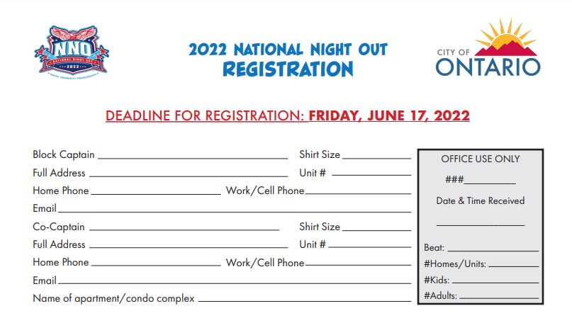 Ontario National Night Out Registration Form