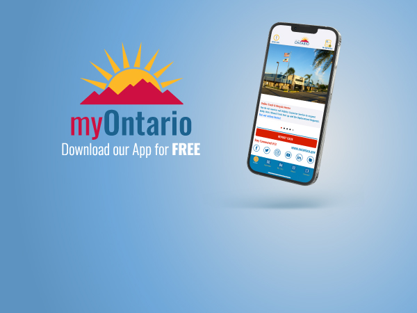 blue and white gradient background with my ontario logo on the right side with "download our app for FREE" below it, a phone is to the right of the logo and text, screen showing the app