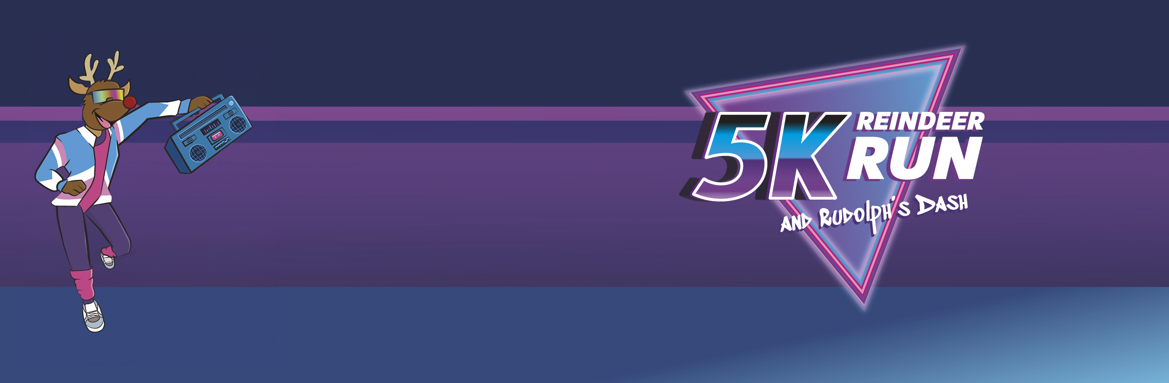 gradient blue and purple banner with an animated reindeer on the left side wearing 80s gear and the 5K Logo on the right